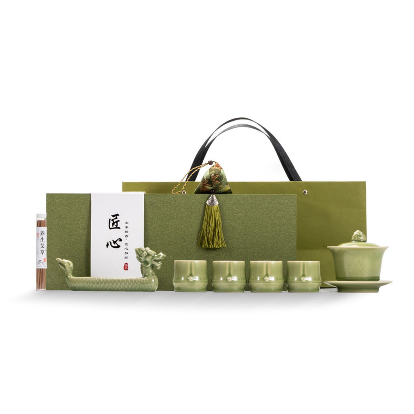 端午节龙舟礼品粽子青瓷盖碗茶杯功夫茶具